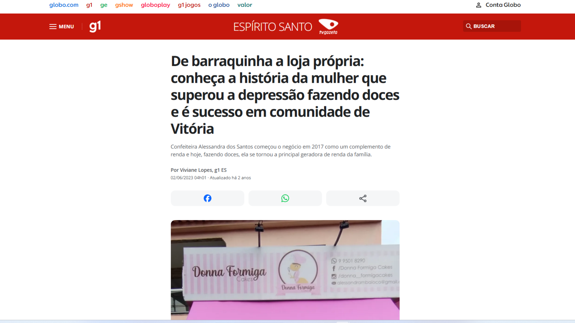 Notícia sobre venda de doces no G1